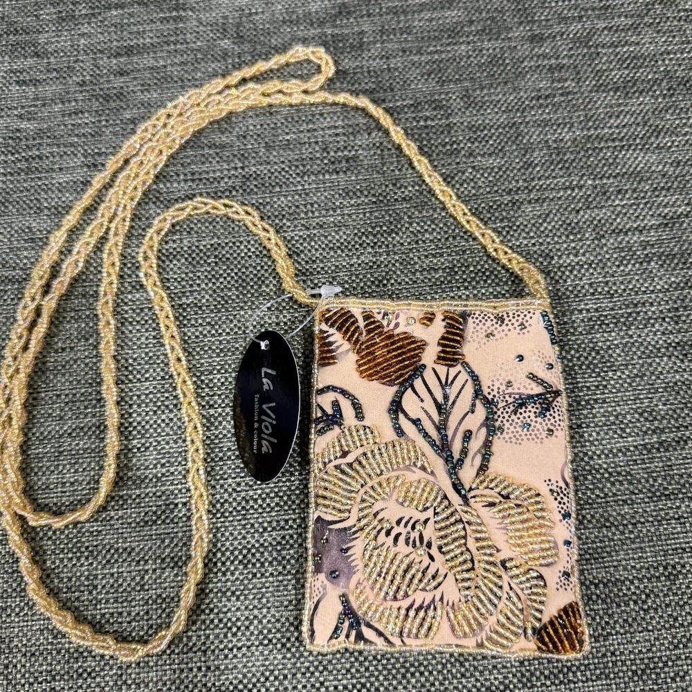 La Viola Tan Purple Floral Beaded Y2K Crossbody Mini Purse 4" x 3" NWT
